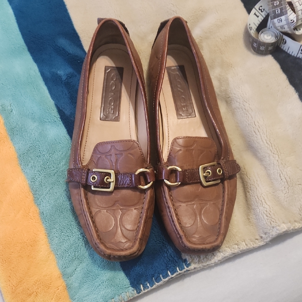 Coach Tan Leather Loafers with Gold Buckle